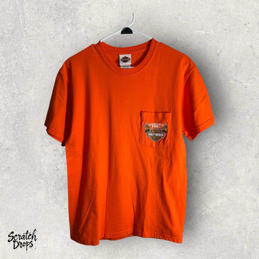Vintage Y2K Harley-Davidson Orange T-Shirt Size M Motorcycle Biker Tee USA